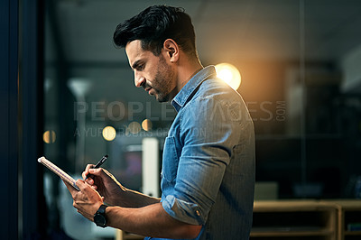 Buy stock photo Tablet, web design and businessman at night in office for online research, graphic designer and internet. Creative startup, working and person on digital tech for planning, email and website review