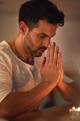 Buy stock photo Man, hands and prayer with home, religion and worship for spiritual faith and belief. Christian, church and gratitude for compassion, understanding and confession for forgiveness and support 