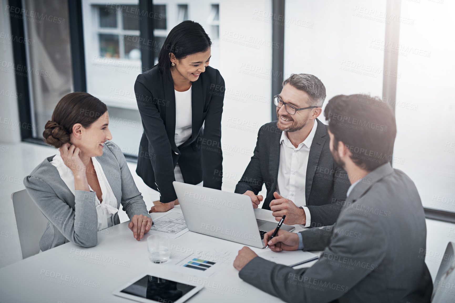 Buy stock photo Business, people and happy in boardroom with laptop for teamwork, collaboration and feedback on company growth. Employee, accountant and smile in office with strategy, report and meeting for project