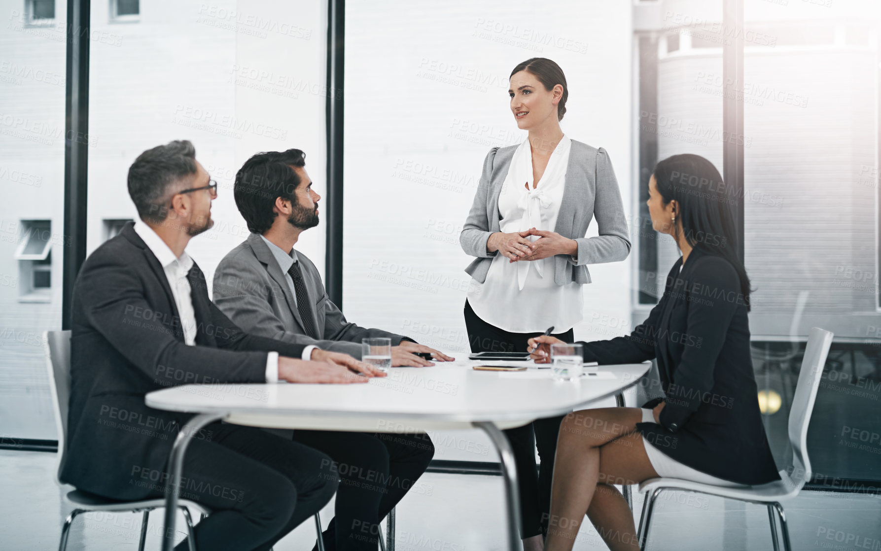 Buy stock photo Business, woman and boardroom with feedback for teamwork, collaboration and people on company growth. Employee, accountant and office with strategy, report and meeting with clients for project