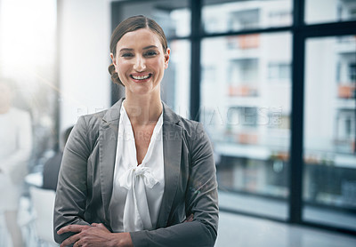Buy stock photo Portrait of an attractive young businesswoman standing in the boardroom during a meeting