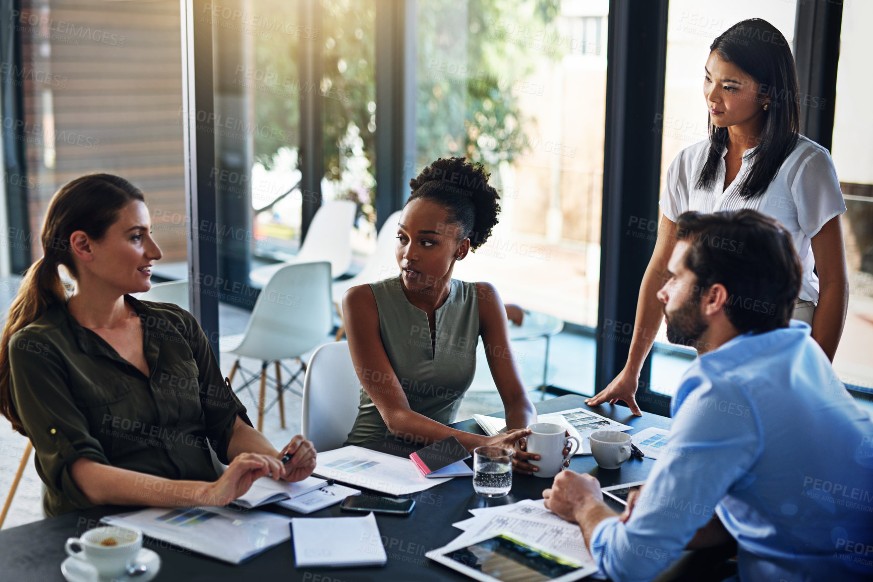 Buy stock photo Business people, strategy meeting and conference in boardroom for budget seminar and financial report. Corporate group, teamwork and company review with discussion and communication about audit