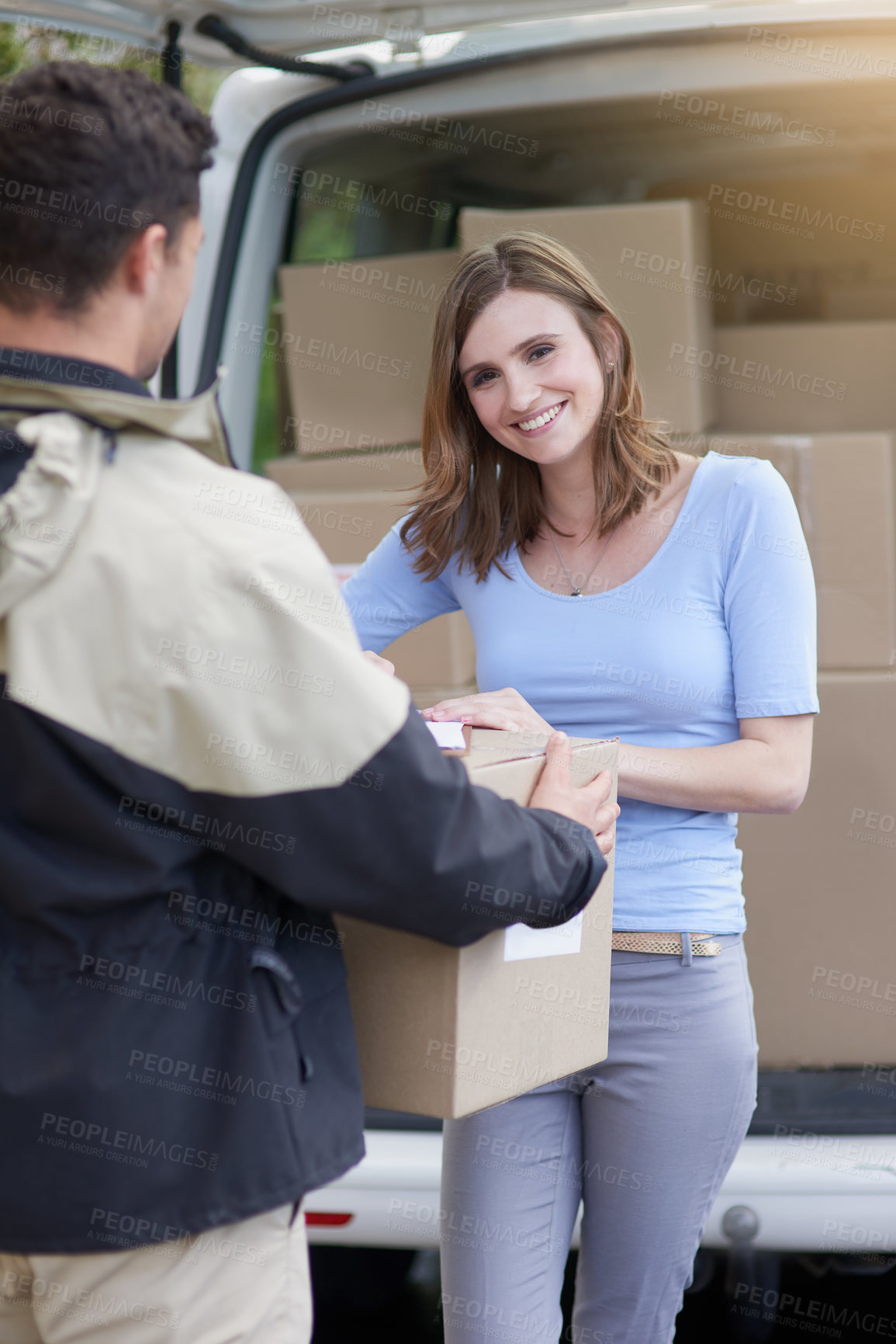 Buy stock photo Delivery man, package and woman writing document for shipping, transport or cargo and online retail order. Logistics, paper and customer at home for internet shopping, ecommerce and courier services