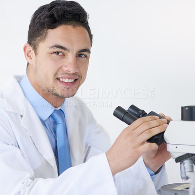 Buy stock photo Science, man and portrait with microscope in lab for medical study, test or vaccine experiment. Happy, scientist and development with biotechnology for dna, innovation and stem cell investigation