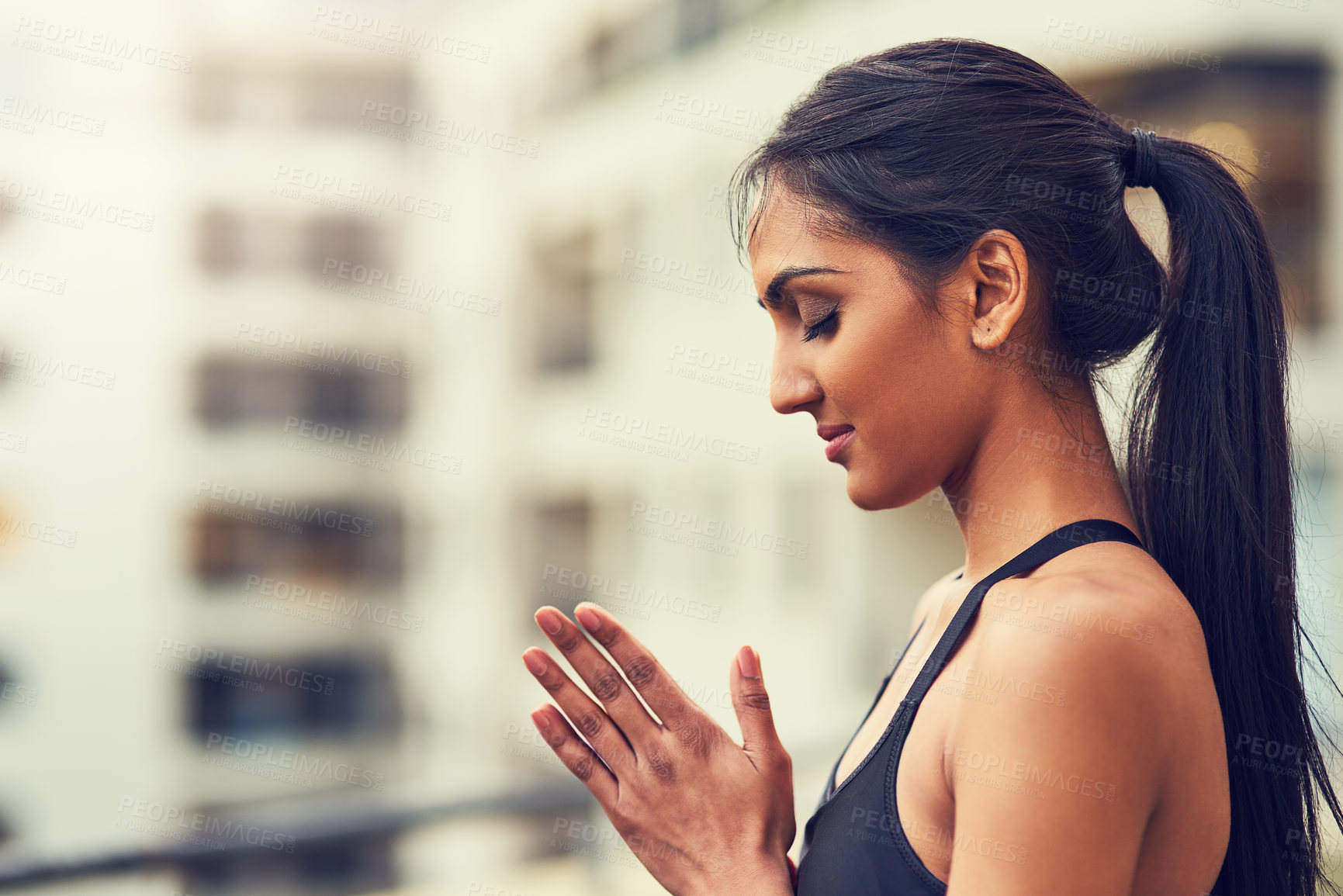 Buy stock photo Outdoor, calm and woman with namaste for yoga, wellness and spiritual peace with smile in Colombia. Nature, Indian girl and prayer hands for meditation, exercise and zen energy for mental health