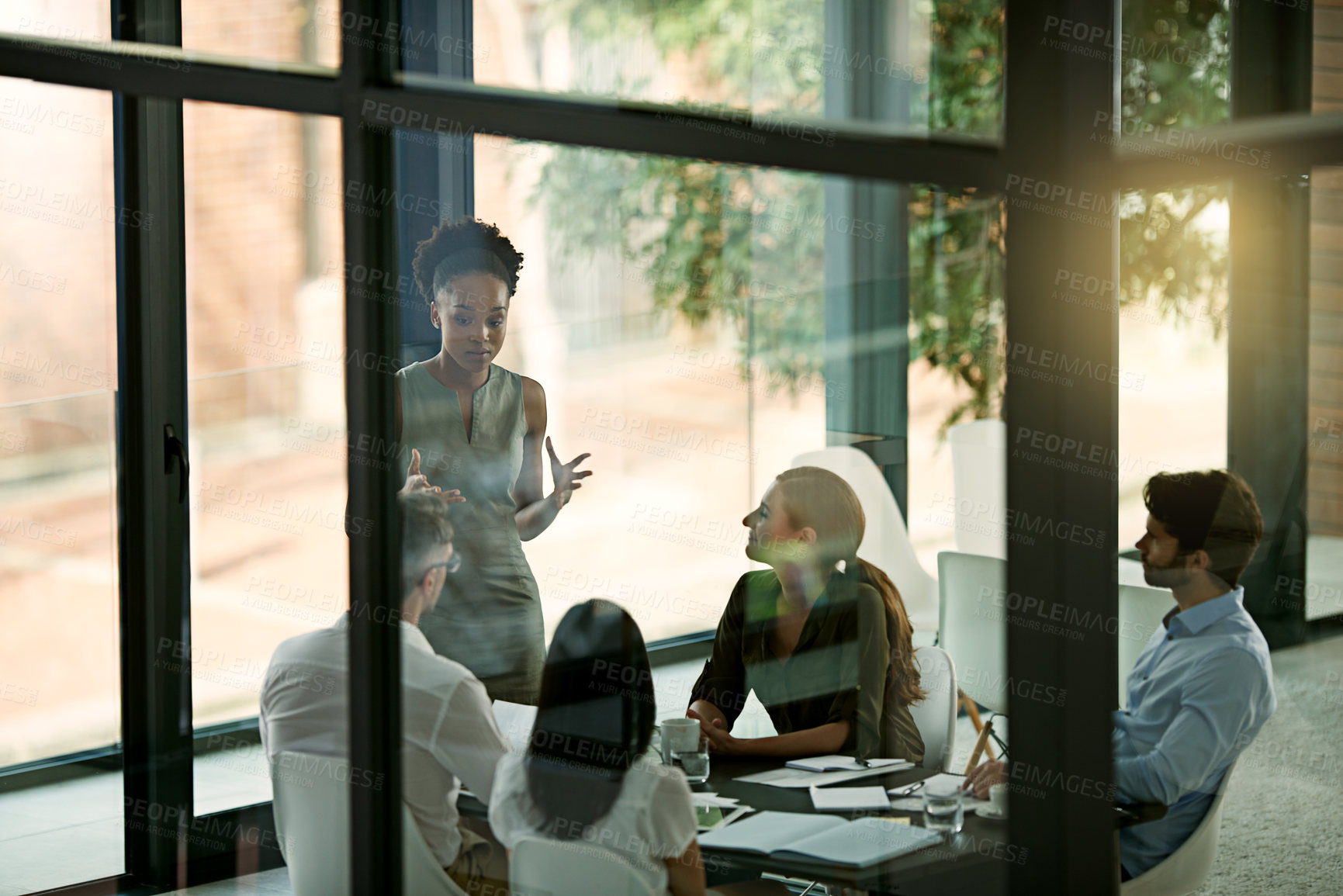 Buy stock photo High angle shot of a young businesswoman giving a presentation in the boardroom