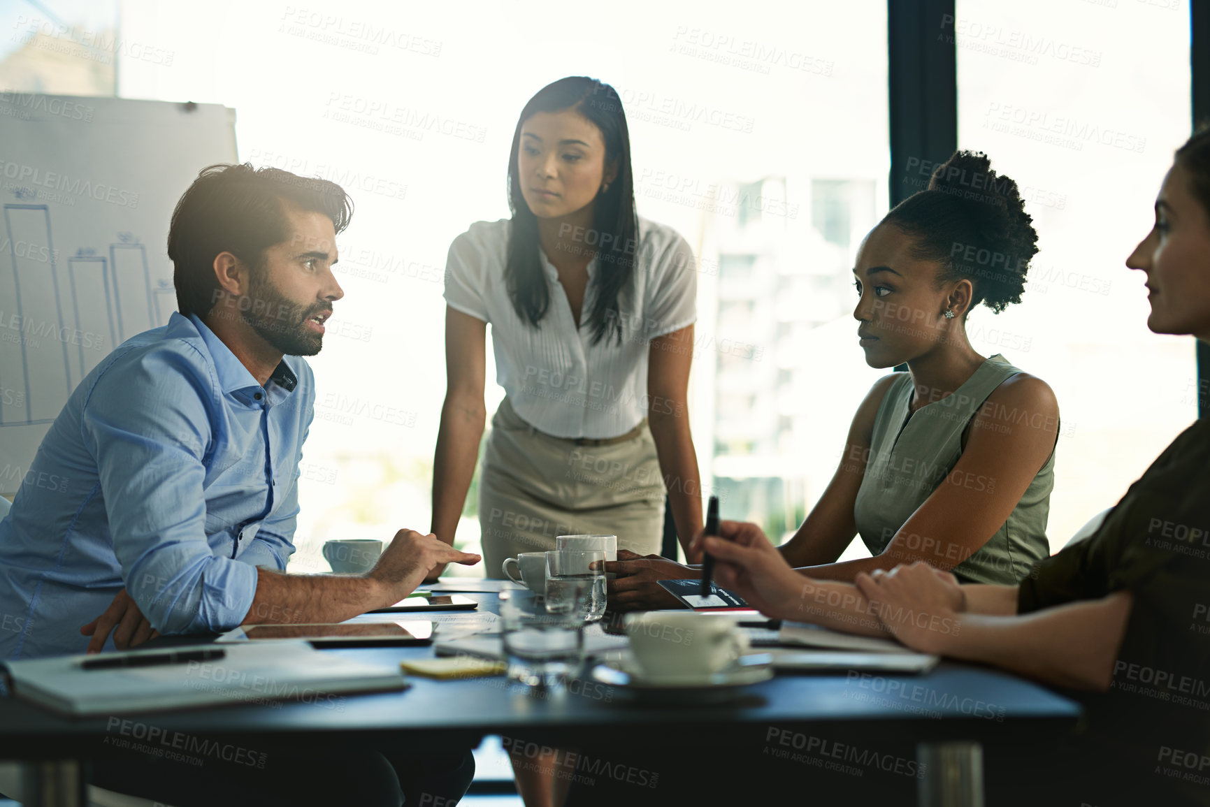 Buy stock photo Business people, meeting and conversation for planning, brainstorming and share ideas for company development. Group, employees and consultant in boardroom, feedback and review for project or talking