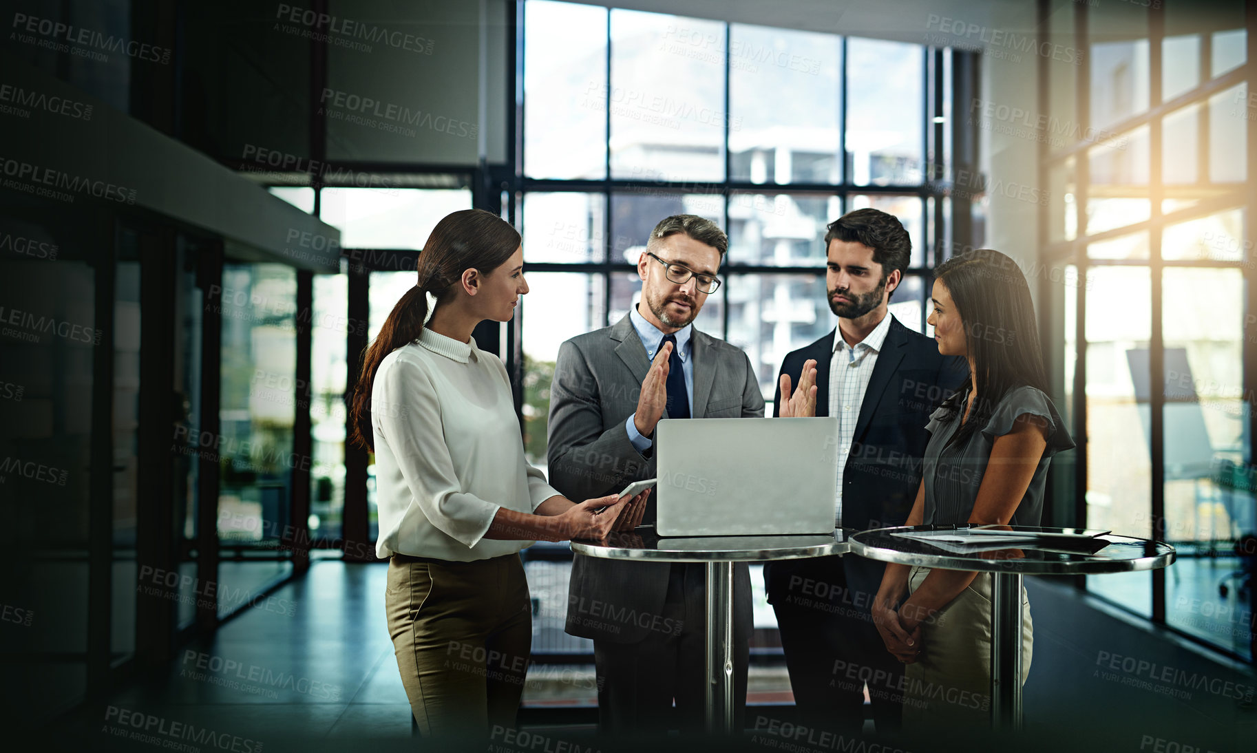 Buy stock photo Laptop, meeting and business people with cooperation for group project proposal and sharing ideas in office. Corporate employees, computer and brainstorming for feedback report and online marketing