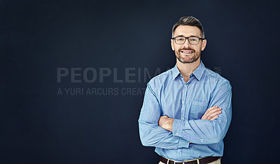 Buy stock photo Portrait, business and man with arms crossed, mockup and employee against dark studio background. Face, male person and entrepreneur with startup success, career and ceo with a smile and professional
