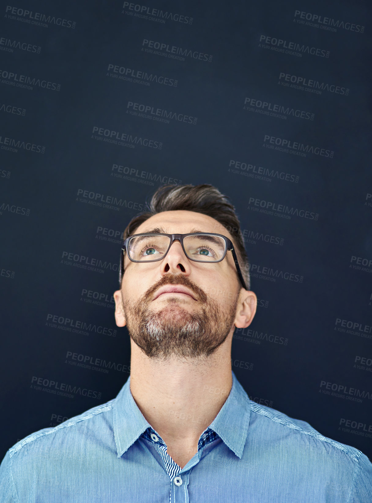 Buy stock photo Thinking, businessman and looking up in studio for startup company, career and mockup space. Glasses, corporate male person and accountant with idea, choice and solution for job by dark background 