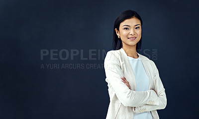 Buy stock photo Asian businesswoman and smile in portrait with mock up and crossed arms for confidence in career as accountant. Happy, female person or financial broker with pride and ambition isolated in studio