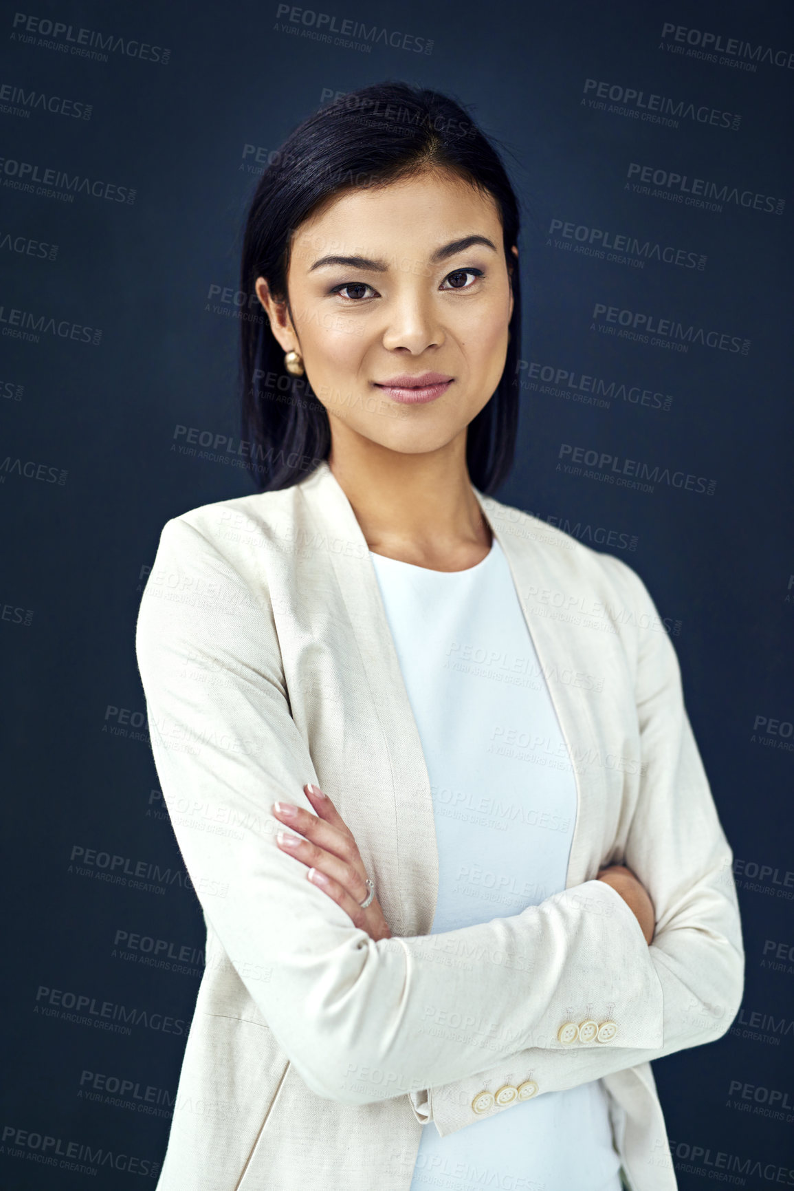 Buy stock photo Asian, businesswoman and smile in portrait with arms crossed for confidence in career as accountant. Happy, female person or financial broker for pride, ambition and vision with dark background