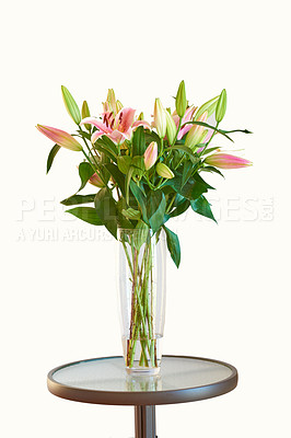 Buy stock photo A gift of pink flowers for valentines day or an anniversary on a table against a white background. Bouquet of fresh lily blooms in a floral arrangement in a glass vase for mothers day present