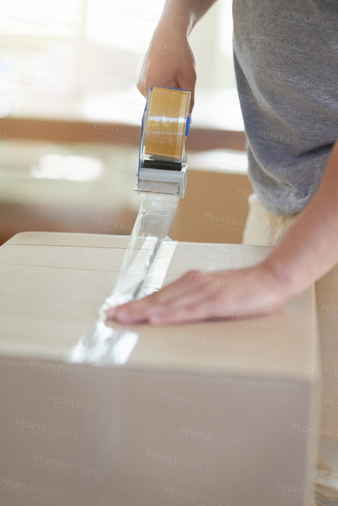 Buy stock photo Person, hands and packing tape for cardboard box or package on moving day for real estate and new home. Homeowner, house relocation and property with closing parcel or cargo for item storage