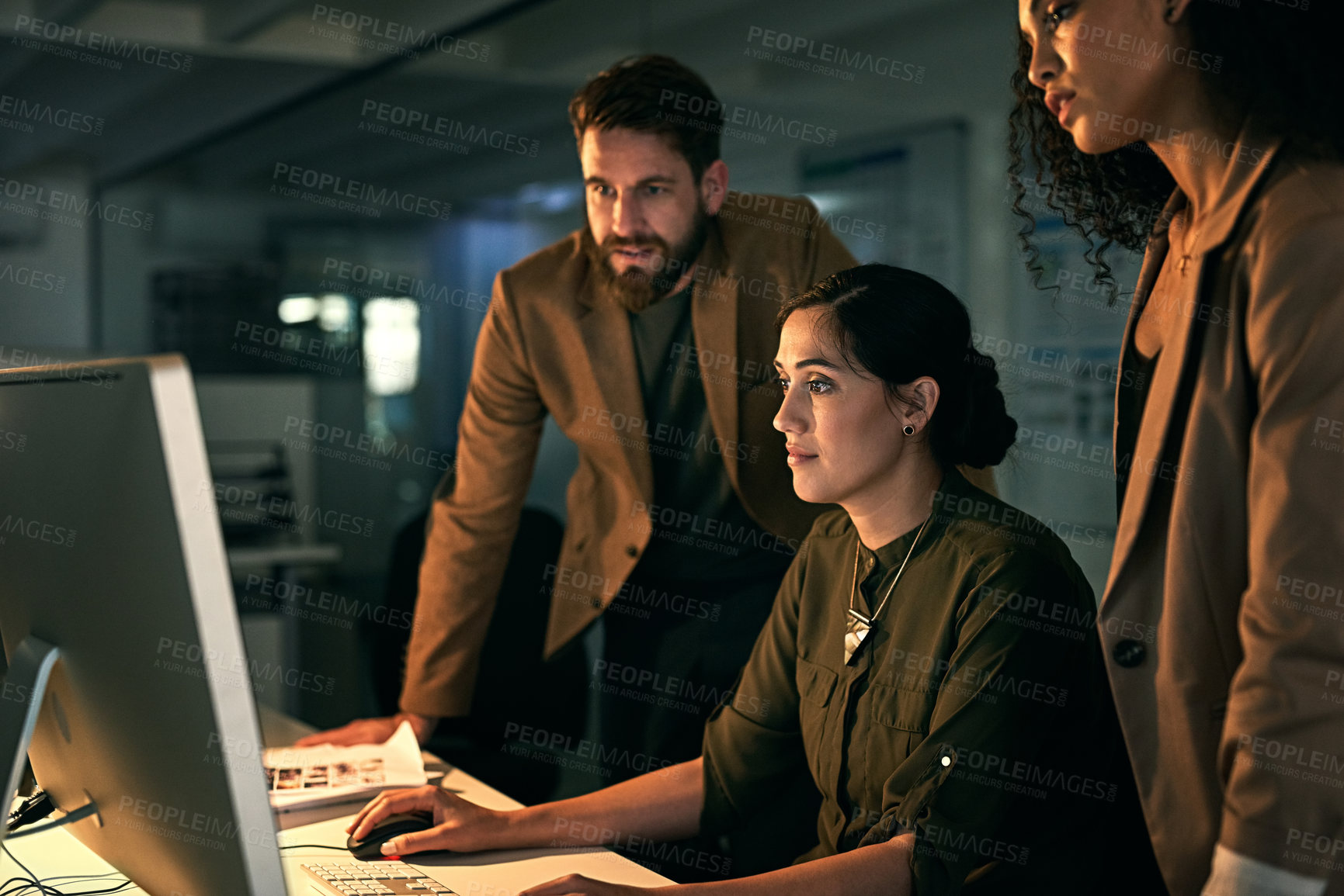 Buy stock photo Cropped shot of colleagues working late