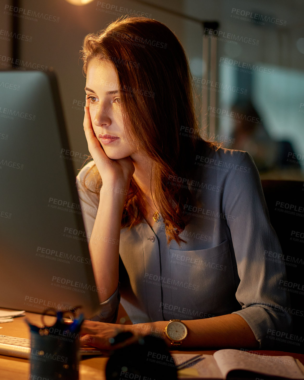 Buy stock photo Woman, employee and office with computer at night for work with overtime and deadline for report. Female person, worker and pc for online research on internet with notepad for notes as administrator