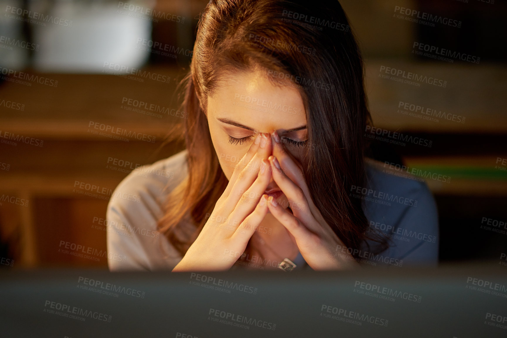 Buy stock photo Woman, employee and stress on computer at night for internet or online error with research for ideas. Female person, tired and burnout or exhausted from deadline, overtime and project as copy writer