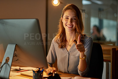 Buy stock photo Woman, worker and thumbs up in office with computer on work break for overtime or deadline at night. Female person, portrait and approval with happiness as administrator for administration and agree