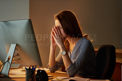 Buy stock photo Woman, employee and stress in office with computer at work for overtime or deadline at night. Female person, pc and tired or exhausted as worker or administrator for administration and paperwork 