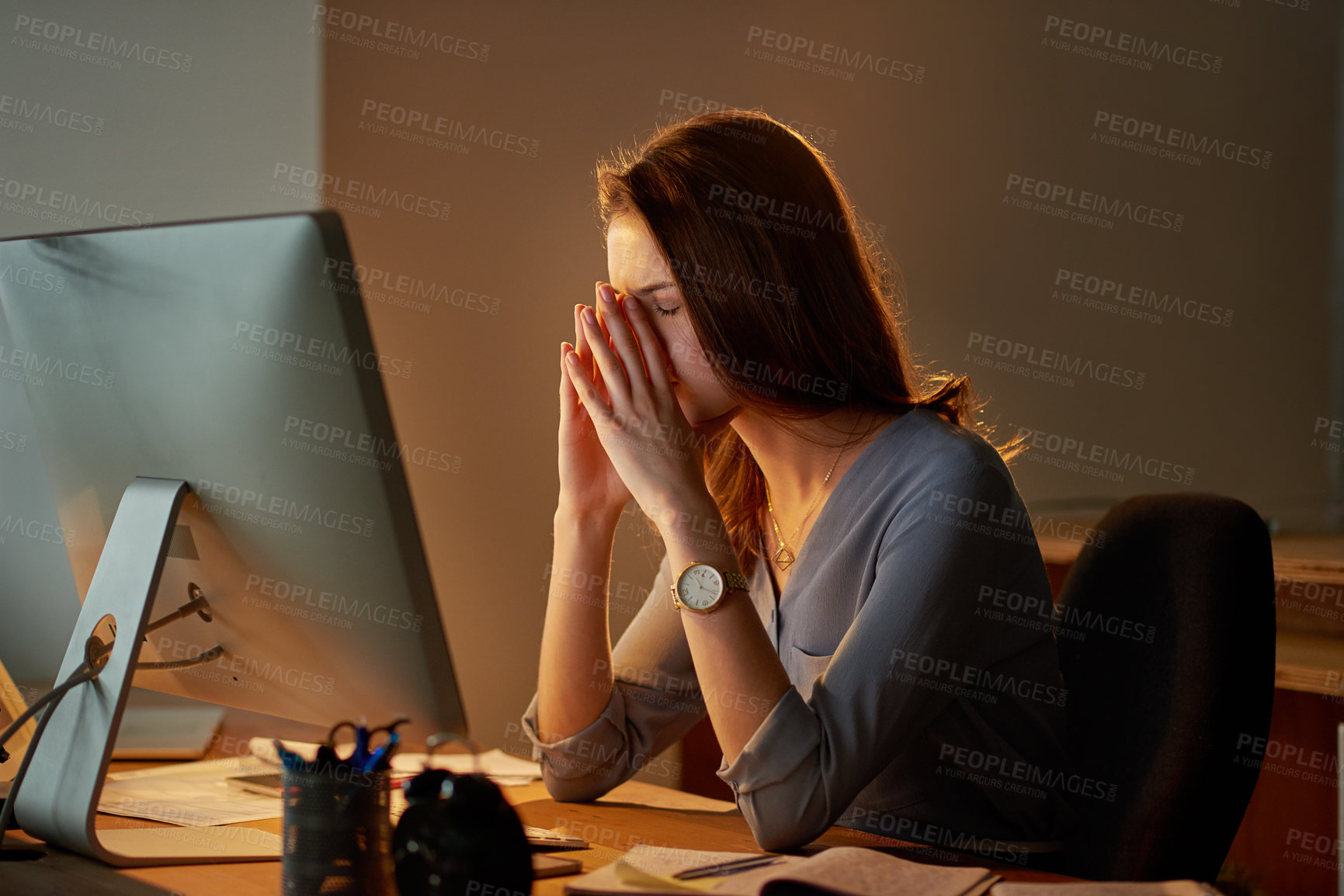 Buy stock photo Woman, employee and stress in office with computer at work for overtime or deadline at night. Female person, pc and tired or exhausted as worker or administrator for administration and paperwork 