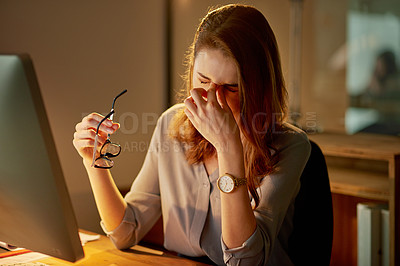 Buy stock photo Woman, employee and tired in office with computer at work  with overtime or deadline at night. Female person, exhausted and worker with pc as administrator for administration and stress in desk