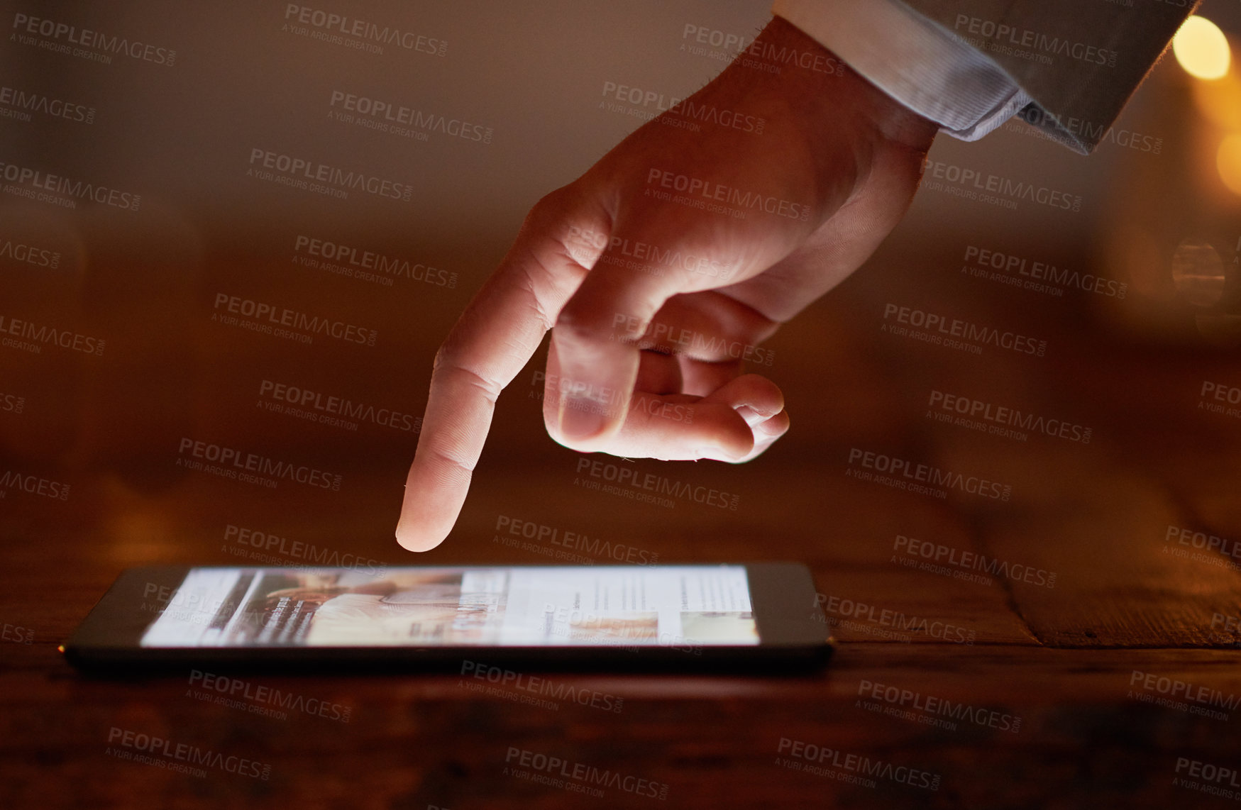 Buy stock photo Hand, tablet and business person with click, reading and check notification in night with overtime in office. Employee, digital touchscreen and scroll for research, creativity and ux at media agency