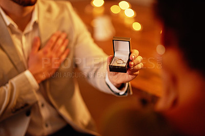 Buy stock photo Closeup shot of an unrecognizable man proposing to his girlfriend