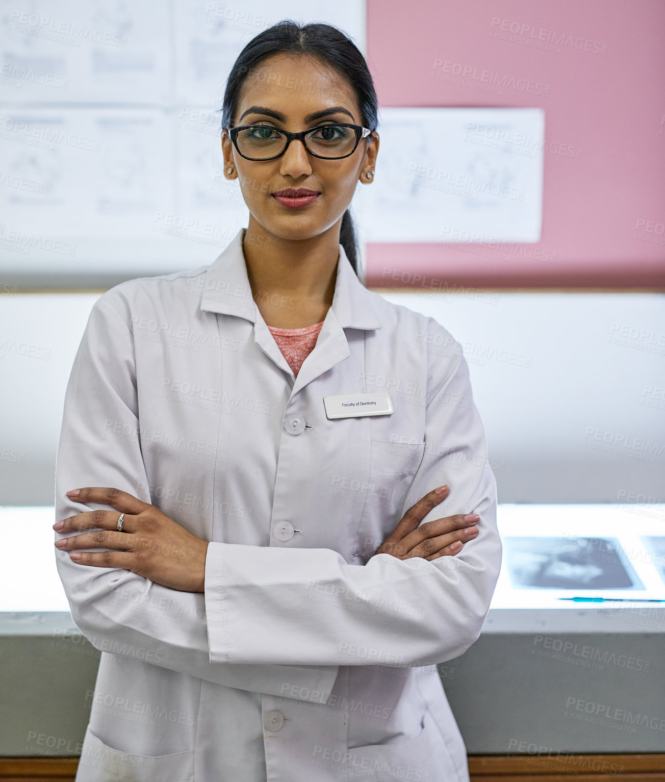 Buy stock photo Woman, happy and dentist portrait with arms crossed in office, oral healthcare and professional orthodontist with x ray scan. Confident, stomatologist and dental clinic, smile and wellness career