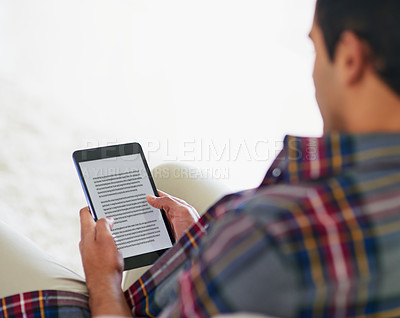 Buy stock photo Man, tablet and ebook or reading screen for relax weekend or literature learning for information, research or online. Male person, hands and internet in apartment for connection, subscription or home