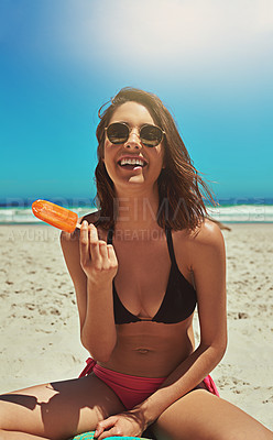 Buy stock photo Ice cream, beach smile and woman portrait on holiday by the sea and blue sky with happiness. Sun, sand and young female person face with a happy travel and lens flare by ocean in summer on vacation