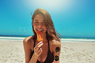 Buy stock photo Ice cream, beach and woman portrait on holiday by the sea and blue sky with happiness. Sun, sand and young female person face with a happy smile and lens flare by the ocean in summer on vacation
