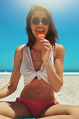 Buy stock photo Ice cream, beach sunglasses and woman portrait on holiday by the sea and blue sky with happiness. Sun, sand and young female person face with eating and lens flare by the ocean in summer on vacation
