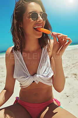 Buy stock photo Ice cream eating, beach and woman portrait on holiday by the sea and blue sky with happiness. Sun, sand and young female person face with a smile and lens flare by the ocean in summer on vacation