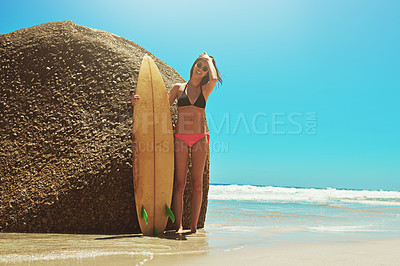 Buy stock photo Portrait of a young and sexy female surfer on the beach