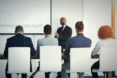 Buy stock photo Presentation, colleagues in a business meeting and planning in a boardroom of their workplace. Data review or statistics, collaboration or teamwork and people in a workshop for strategy or analytics