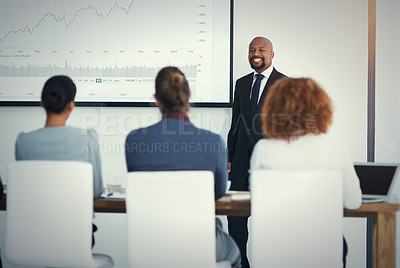Buy stock photo Business, group and black man with a presentation, finance and feedback with profit growth, planning and review. Corporate training, staff and presenter with financial charts and stock market report