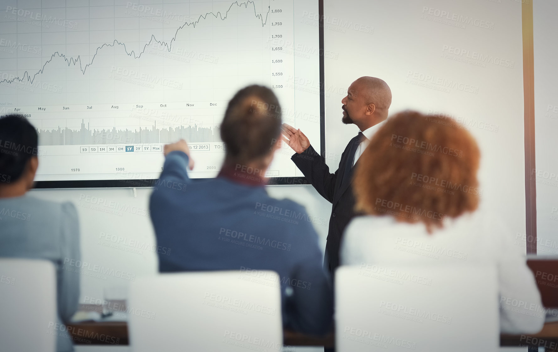 Buy stock photo Man presenter, finance and presentation in office with people, annual report and pitch for investment opportunity. Speaker, investor engagement and data on screen with growth projection in timeline