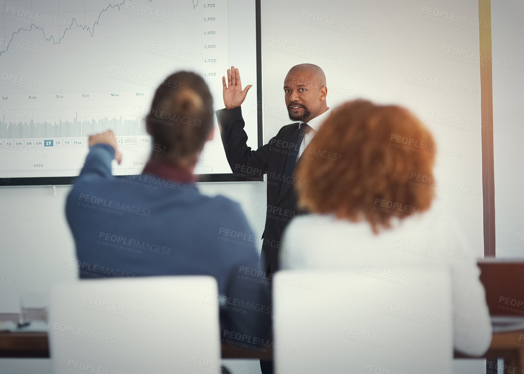 Buy stock photo Speaker, question and people in presentation for finance, annual report and pitch for investment in office. Man presenter, investor engagement and chart on screen for growth projection with timeline