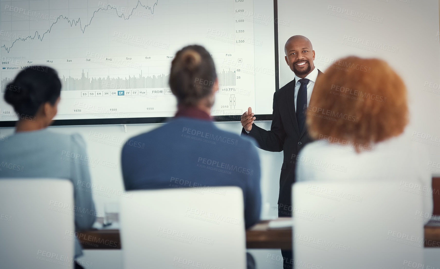 Buy stock photo Presenter, people and presentation in office for finance, annual report and pitch for investment opportunity. Man speaker, investors and graph on screen for growth projection, timeline and profit