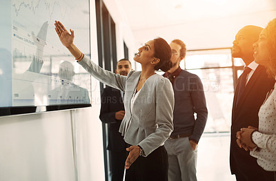 Buy stock photo Presentation, strategy and meeting with business people in office for project management, coaching and teamwork. Chart, data and speaker with woman in workshop for training, analytics and planning