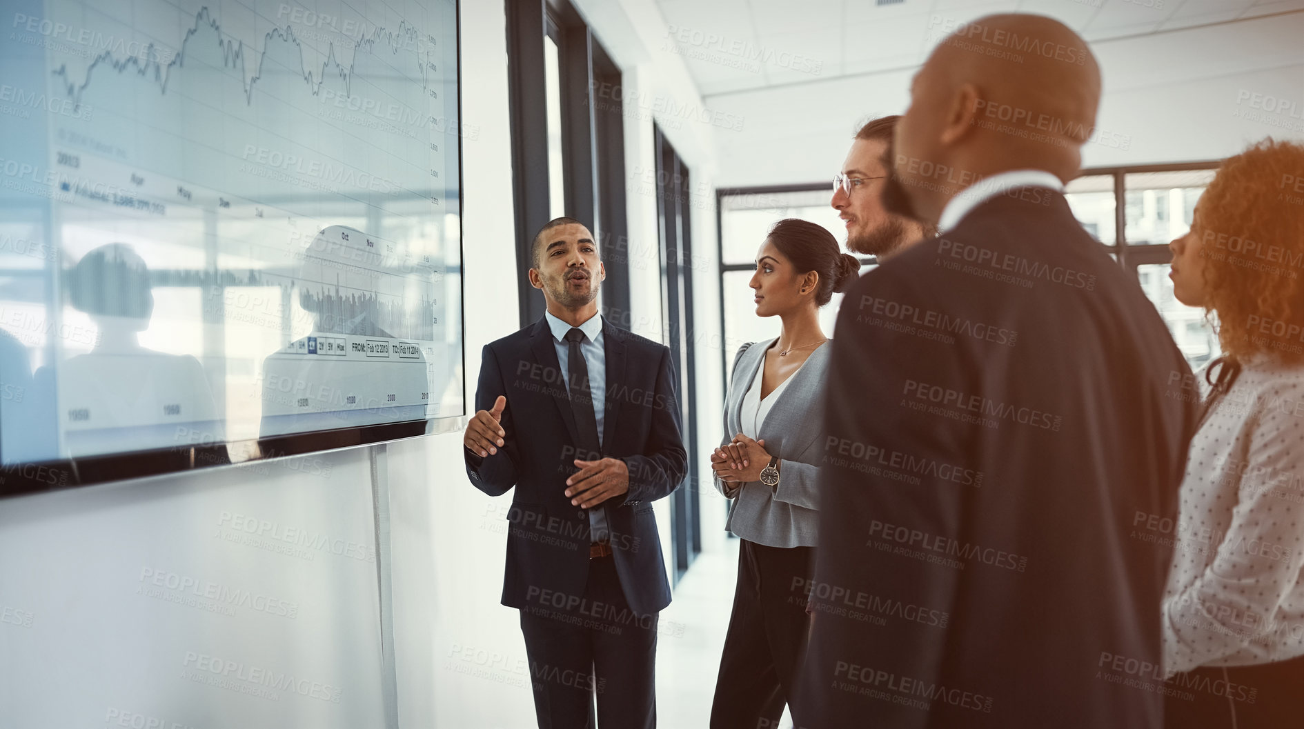 Buy stock photo Meeting, planning and business people in office with finance statistics for revenue or capital gain. Presentation, data graph and team of financial consultants with profit growth investment on screen