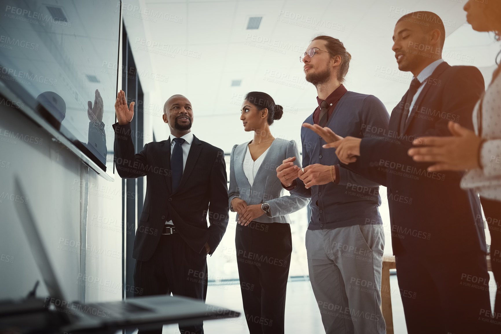 Buy stock photo Planning, business people and screen in office for finance, annual report and company growth projection. Corporate group, tech and graph on display for meeting, budget review and feedback discussion