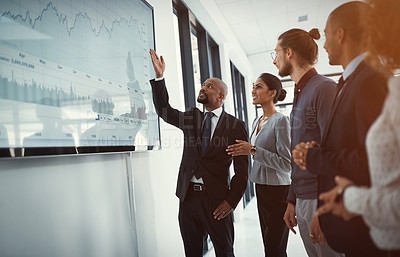 Buy stock photo Teamwork, people in a business meeting and training in a boardroom of their workplace. Data review or strategy, collaboration or planning and coworkers in a workshop for coaching or statistics