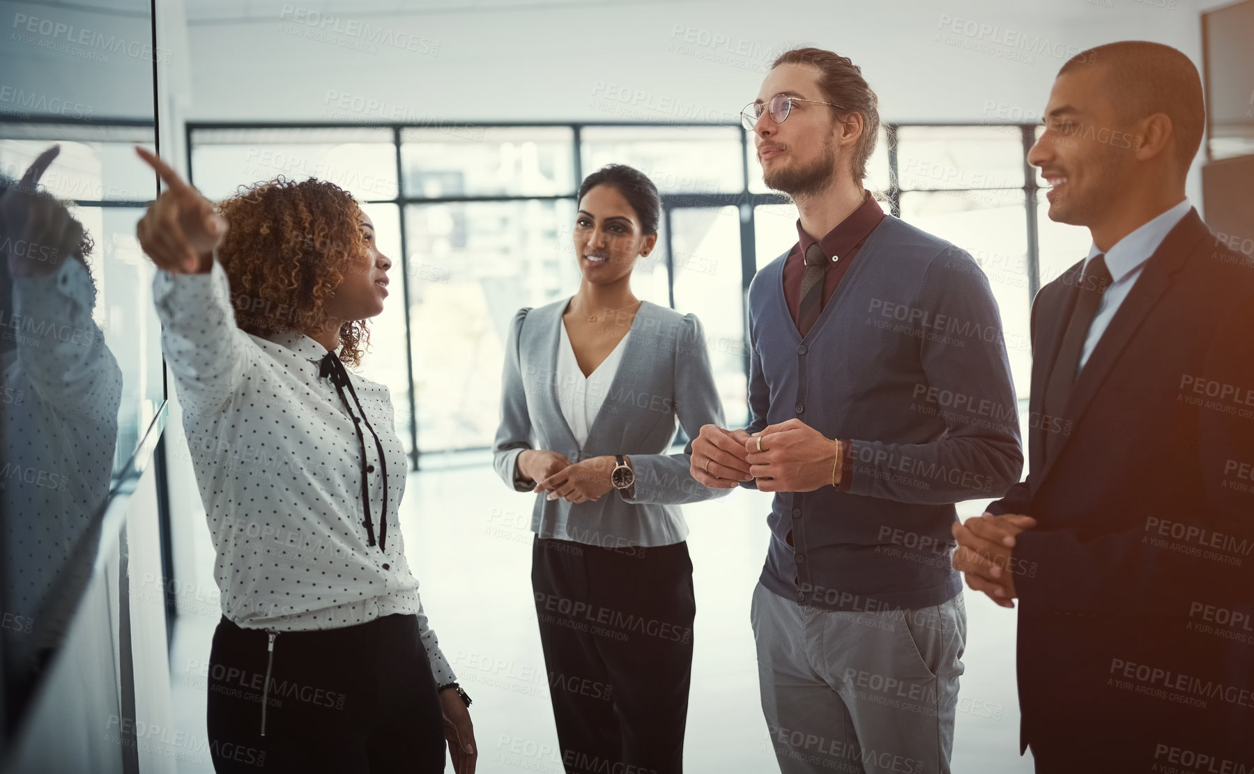Buy stock photo Presentation, training and meeting with business people in office for project management, coaching and strategy. Chart, idea and speaker with woman in workshop for teamwork, seminar and planning