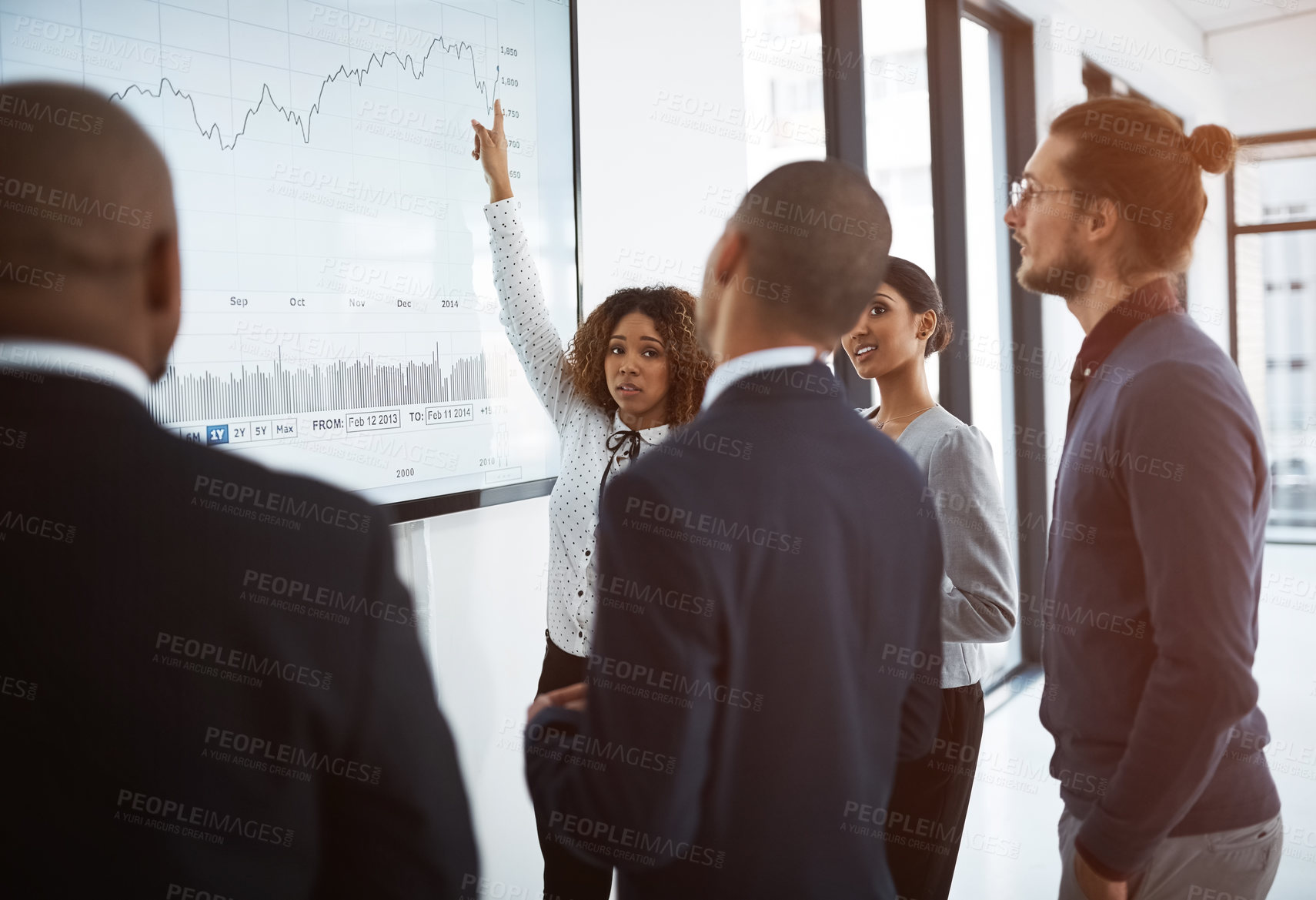 Buy stock photo Presentation, business people and screen in office for finance, annual report or company growth projection. Group meeting, tech or graph on display for planning, budget review and feedback discussion