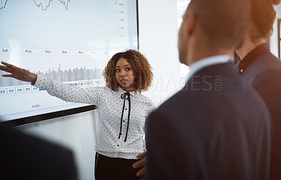 Buy stock photo Presentation, data analytics and chart with business people in meeting for project management, coaching and strategy. Graph, idea and speaker with woman in workshop for training, seminar and planning