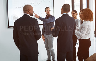 Buy stock photo Business people, staff and man with a presentation, graphs and budget report with feedback, collaboration and teamwork. Male presenter, group or employee with charts, finance planning and negotiation