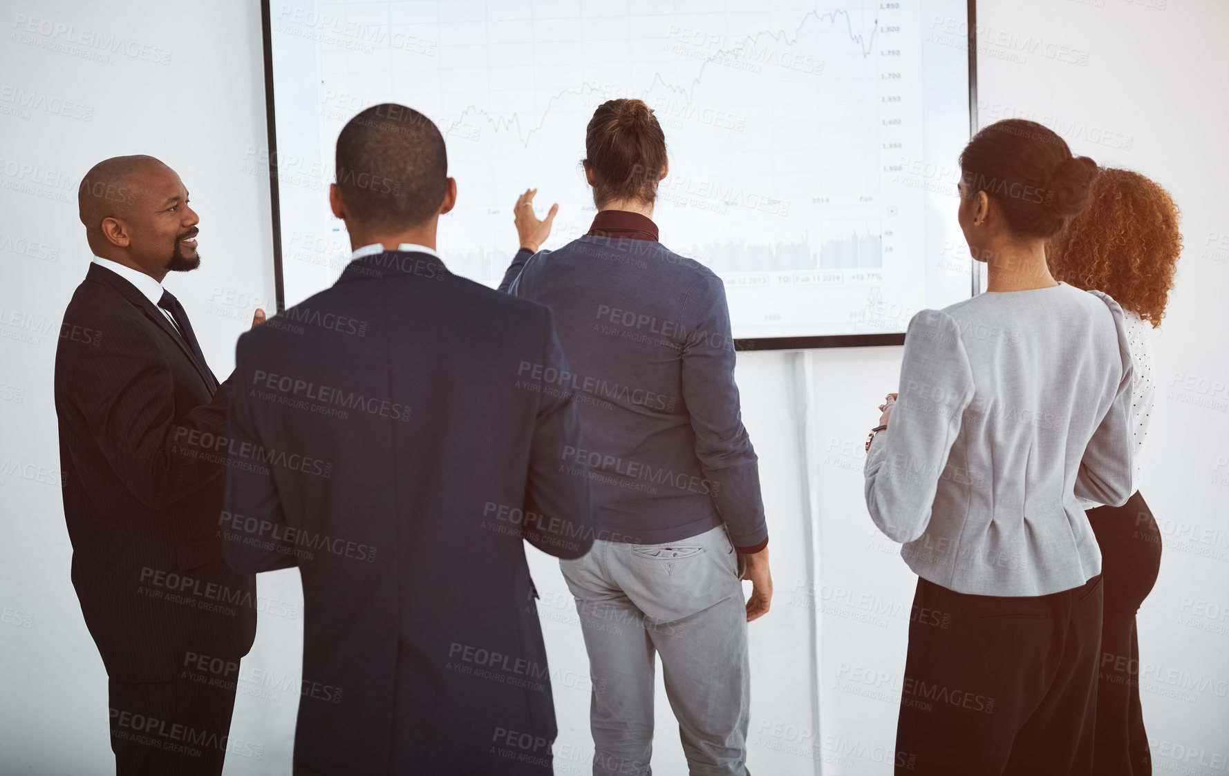 Buy stock photo Business people, chart and statistics with screen in meeting for corporate review, analytics or performance at office. Group, employees or financial planner with graphs for company growth or profit