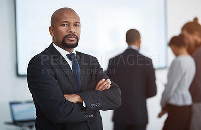 Buy stock photo Serious, business man and arms crossed portrait in a corporate board room with professional management. Success, executive and African male manager at a workplace with leadership and job vision