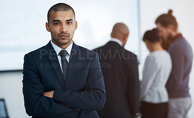 Buy stock photo Serious, business man and arms crossed office portrait in a corporate board room with professional management. Executive and African male manager at a workplace with leadership and job vision